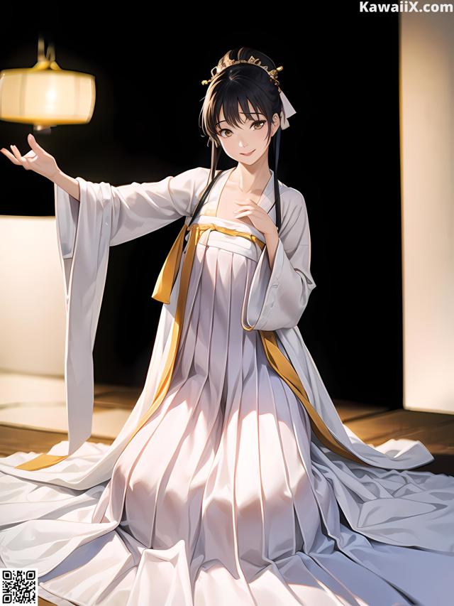 A woman in a white dress sitting on the floor.
