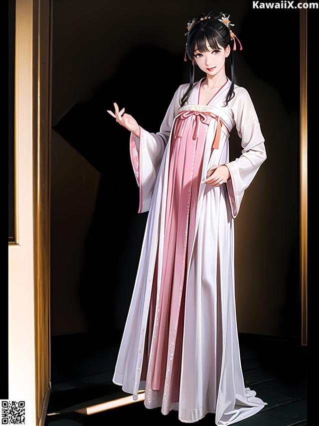 A woman in a white and pink dress standing in front of a door.