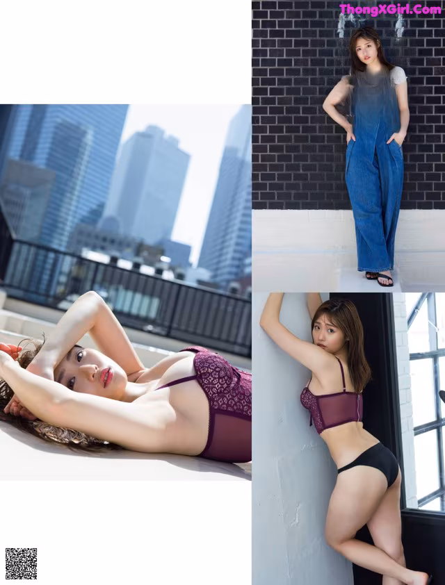 A woman in a purple bra top and blue jeans leaning against a wall.