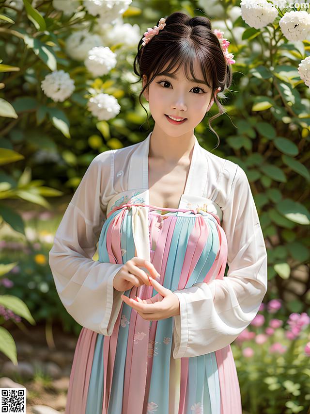 A woman in a pink and blue dress standing in front of flowers.