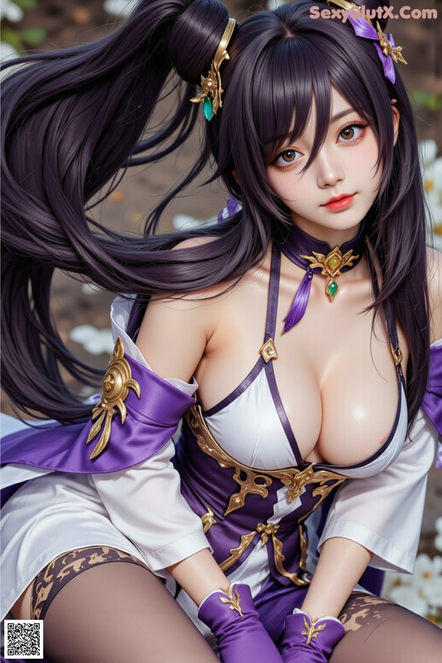 A woman with long black hair wearing a purple and white outfit.