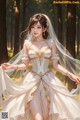 A woman in a wedding dress standing in the woods.